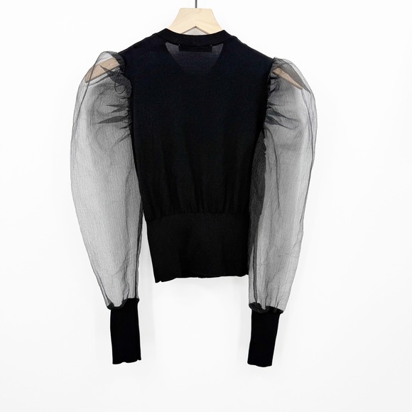 Zara Black Knit Blouse S Organza Sheer Puff Sleeve Button Frot Gothic Mob Wife - Picture 3 of 6
